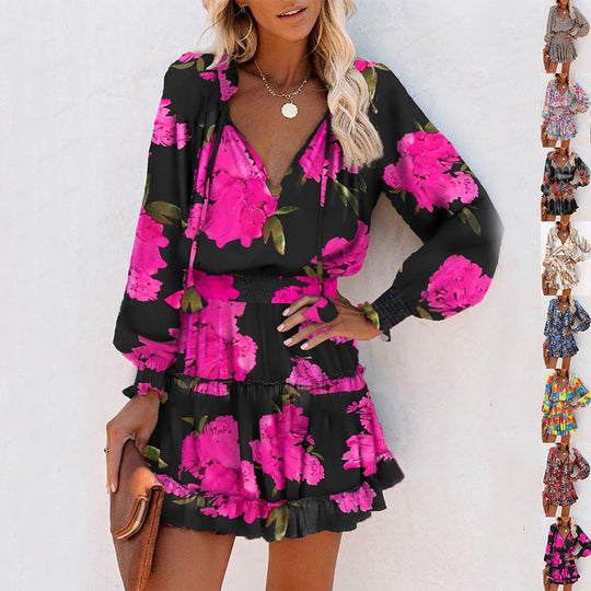 Flowers Print Long Sleeve Dress Fashion Patchwork Puff Sleeve Waist Dresses Womens Clothing