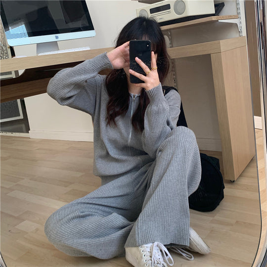 Fashion Suit Women Cardigan Jacket Women Knit Sweater Wide Leg Pants Two-piece Trend