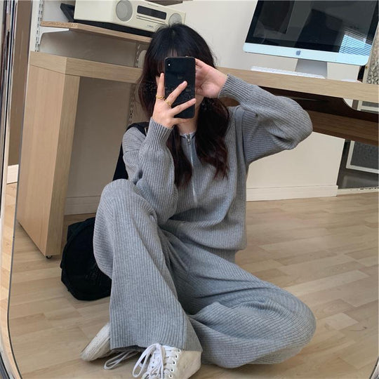 Fashion Suit Women Cardigan Jacket Women Knit Sweater Wide Leg Pants Two-piece Trend