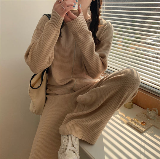 Fashion Suit Women Cardigan Jacket Women Knit Sweater Wide Leg Pants Two-piece Trend