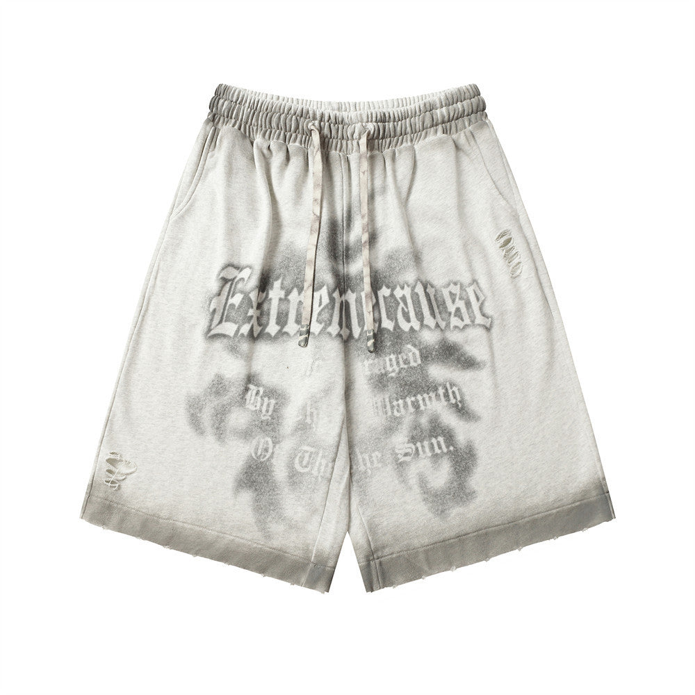 Fuzzy Letter Spray Painting Loose Shorts Men Punk