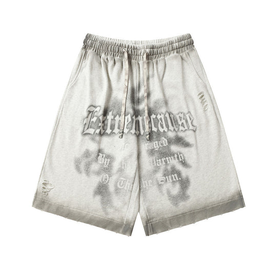 Fuzzy Letter Spray Painting Loose Shorts Men Punk