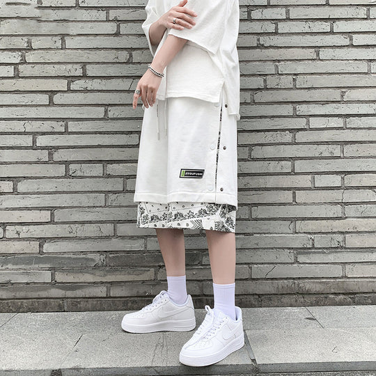 Hong Kong Style Breasted Shorts Men''s Hip Hop Cashew Flower Stitching Loose Fashion