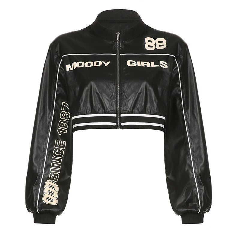Street Motorcycle Style Letter Print Leather Jacket Women Zipper Cardigan Round Neck Short Jacket