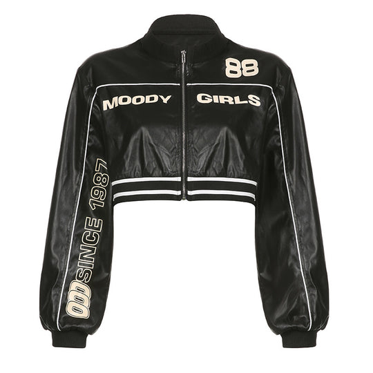 Street Motorcycle Style Letter Print Leather Jacket Women Zipper Cardigan Round Neck Short Jacket