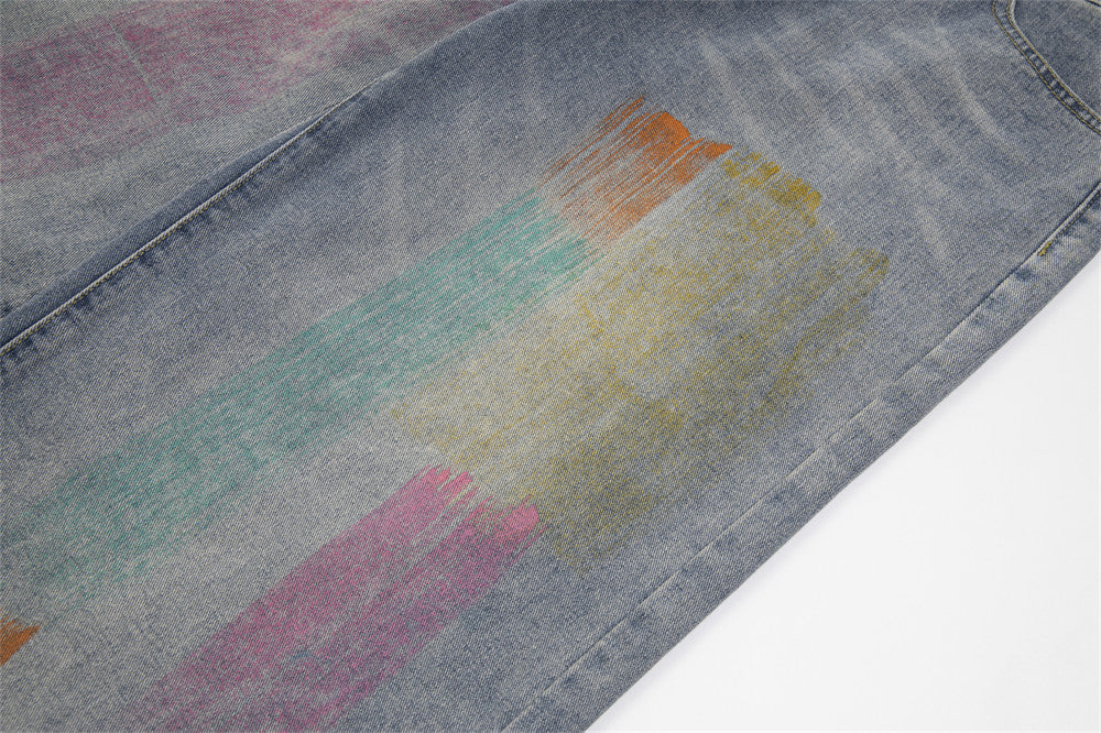 Splash Ink Loose Denim Trousers Men And Women
