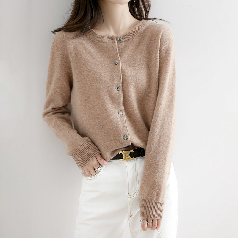 Round Neck Knitted Cardigan Women Loose Solid Color Jacket