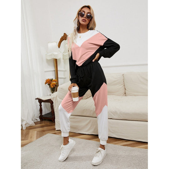 Colorblock Long Sleeve Trousers Elastic Waist Suit Women
