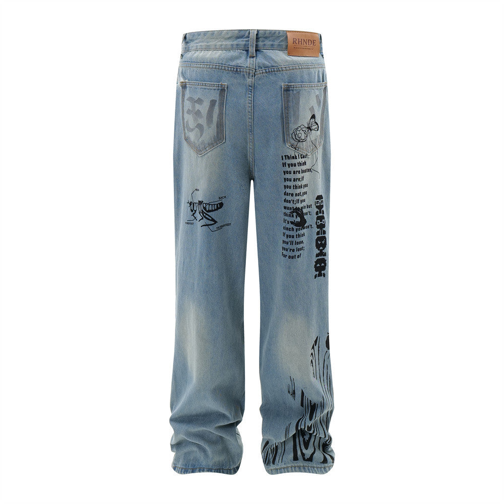 Fashion Graffiti Ripped Denim Trousers Men