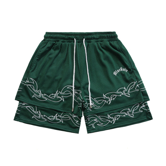 American Street Basketball Shorts Men Thorns Embroidered Double Layer