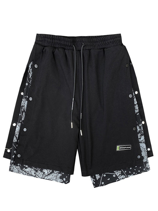 Hong Kong Style Breasted Shorts Men''s Hip Hop Cashew Flower Stitching Loose Fashion
