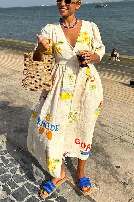 European And American Spring And Summer New Casual Five-point Puff Sleeve Dress INS Loose Vacation Dress For Women