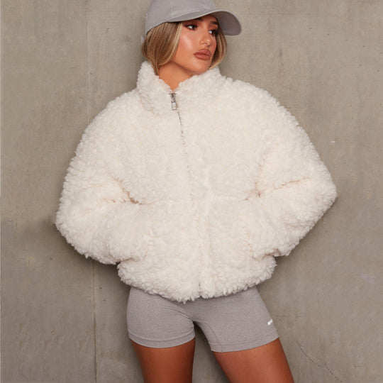 Fashion Plush Cardigan Short Jacket Women Lamb Wool Coat