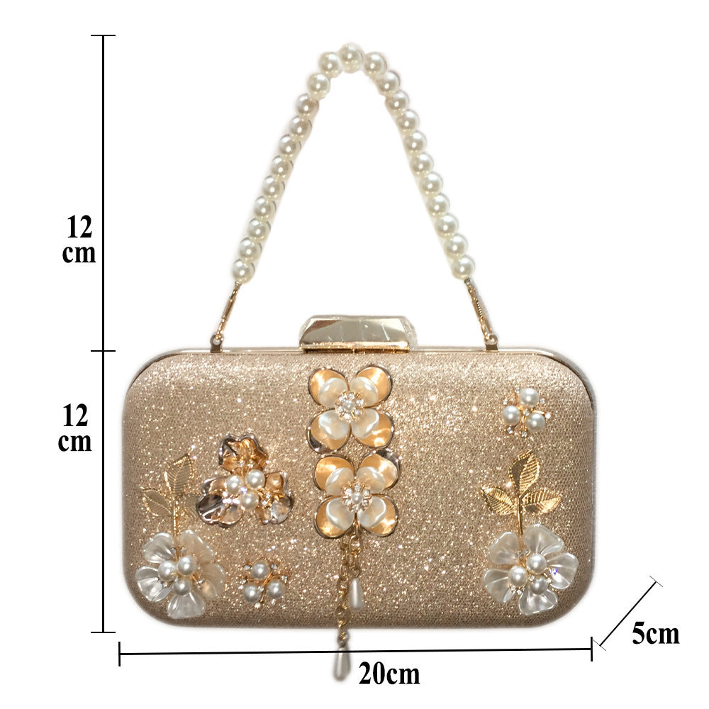 Diamond-studded pearl petal chain tassel dinner bag