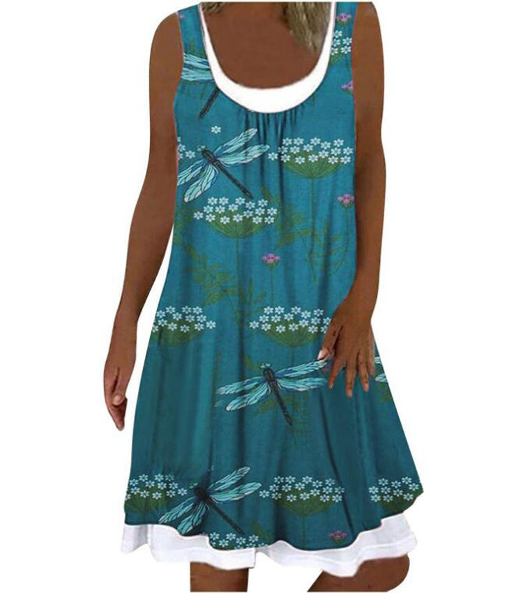 Summer V-Neck Printed Sleeveless Long Dress Women