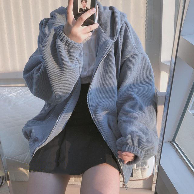 Zipper Hooded Jacket Lovely Young Women With Plush Cardigan