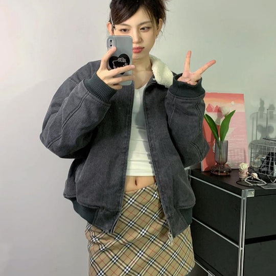 Retro Washed Gray Plush Jacket Mesh Coat For Women