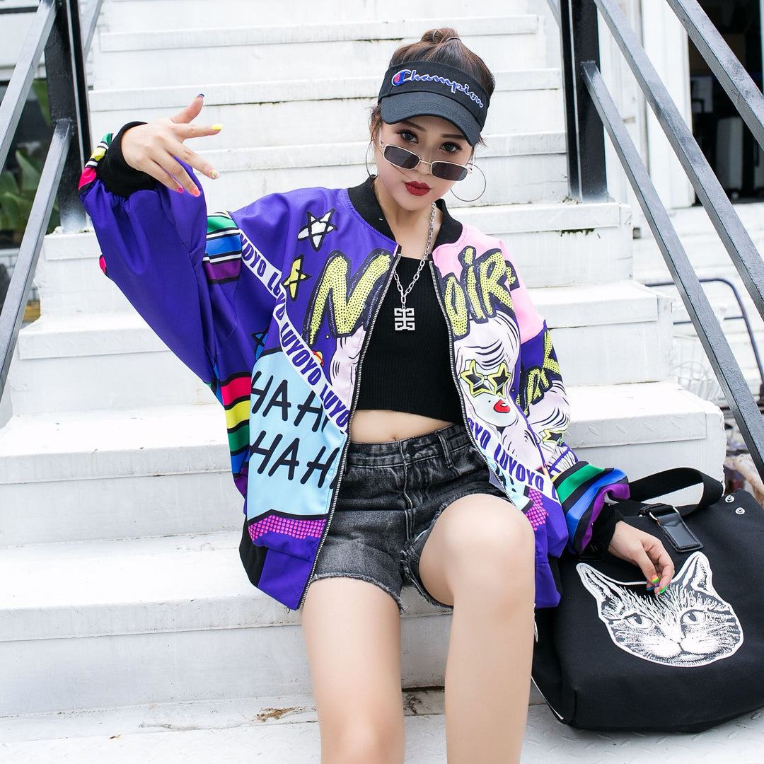 Cartoon Sequins Printed Baseball Uniform Long-Sleeved Jacket Women