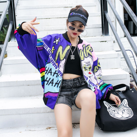 Cartoon Sequins Printed Baseball Uniform Long-Sleeved Jacket Women