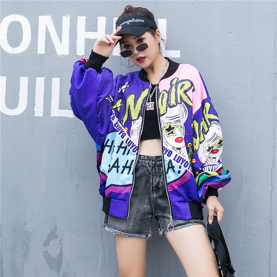 Cartoon Sequins Printed Baseball Uniform Long-Sleeved Jacket Women