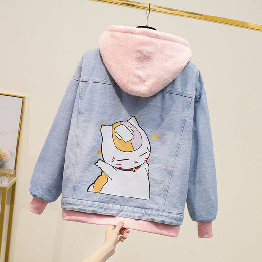 Fake Two-piece Hooded Denim Jacket Women All-match Loose