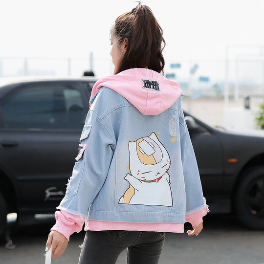 Fake Two-piece Hooded Denim Jacket Women All-match Loose