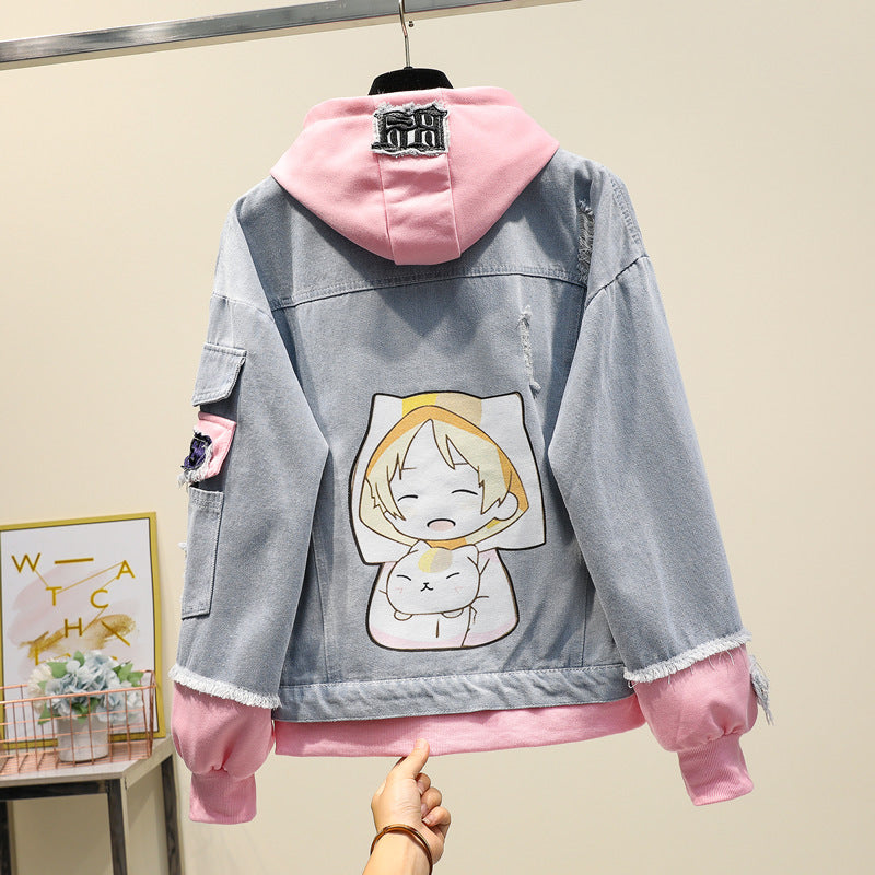 Fake Two-piece Hooded Denim Jacket Women All-match Loose
