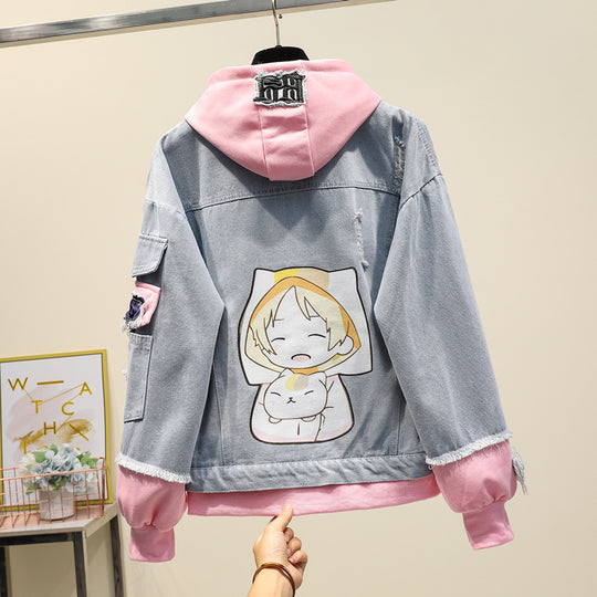 Fake Two-piece Hooded Denim Jacket Women All-match Loose