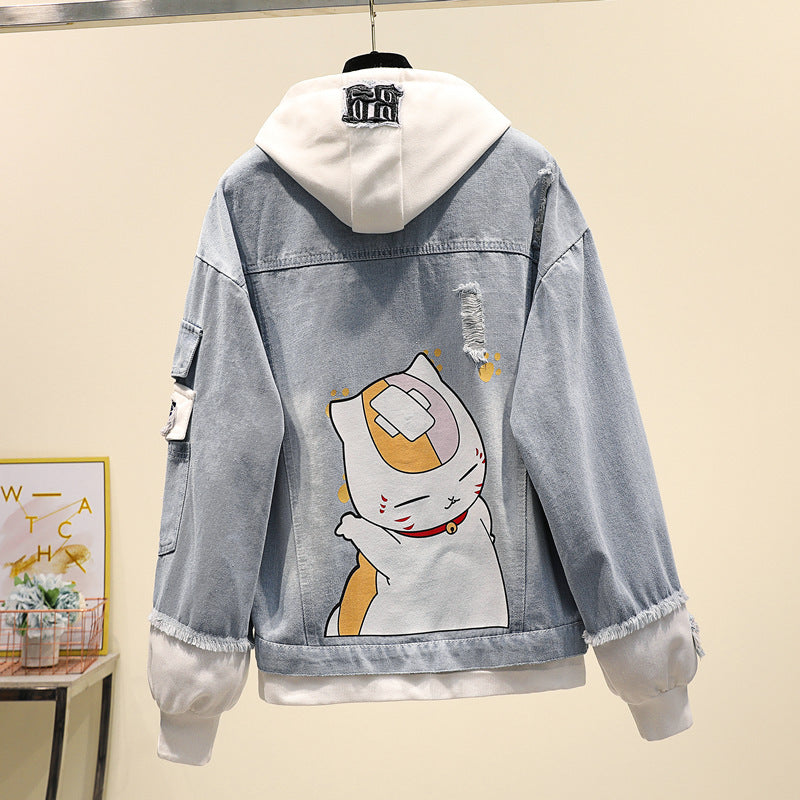 Fake Two-piece Hooded Denim Jacket Women All-match Loose