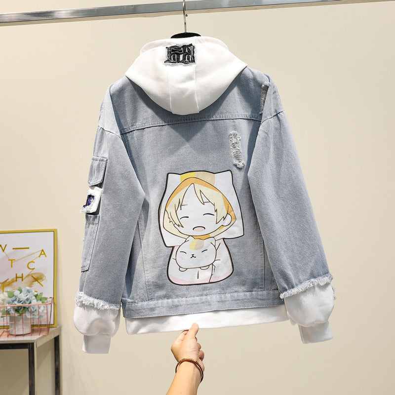 Fake Two-piece Hooded Denim Jacket Women All-match Loose