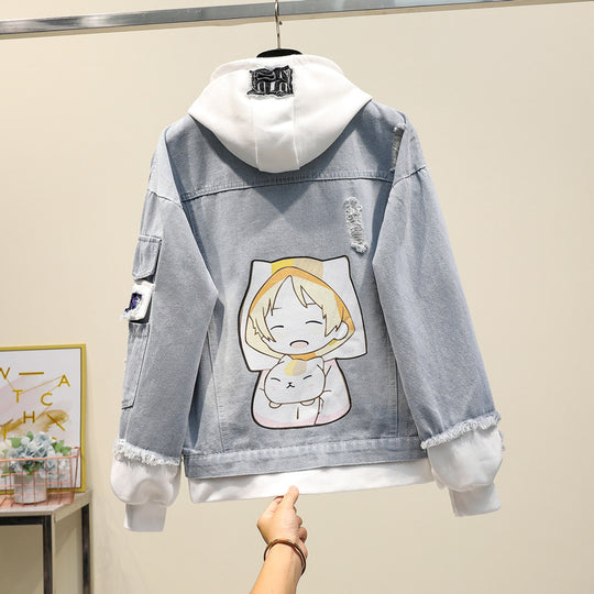Fake Two-piece Hooded Denim Jacket Women All-match Loose