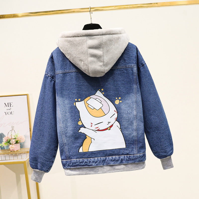 Fake Two-piece Hooded Denim Jacket Women All-match Loose
