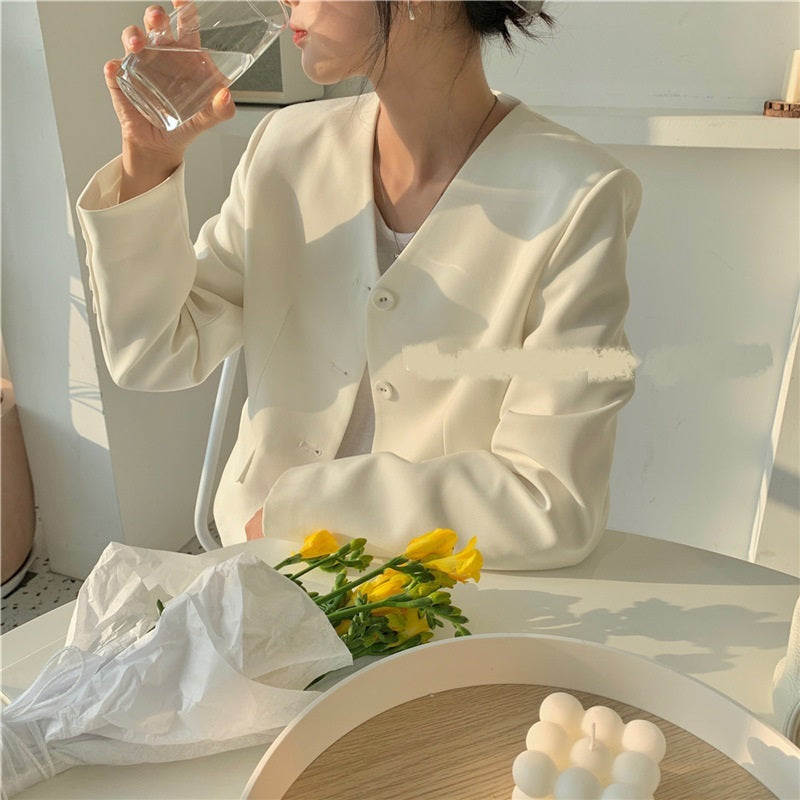 Simple V-neck Single-Breasted Casual Suit Jacket Women