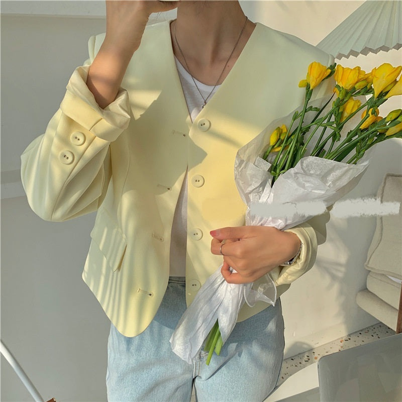 Simple V-neck Single-Breasted Casual Suit Jacket Women