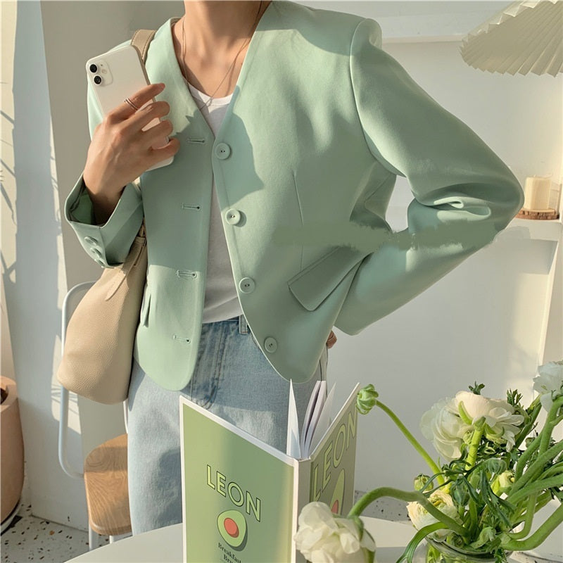Simple V-neck Single-Breasted Casual Suit Jacket Women