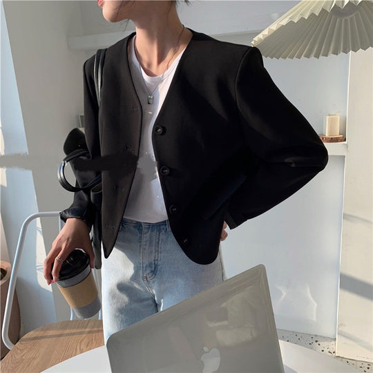 Simple V-neck Single-Breasted Casual Suit Jacket Women