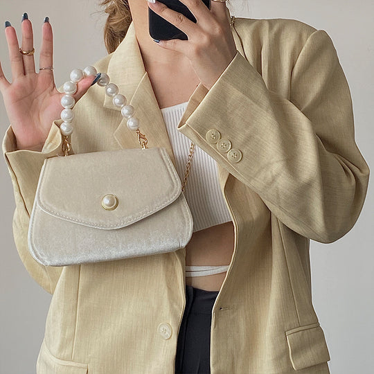 French Retro Pearl Portable Small Square Bag Female Autumn And Winter New Suede Chain Dinner Bag Messenger Shoulder Bag