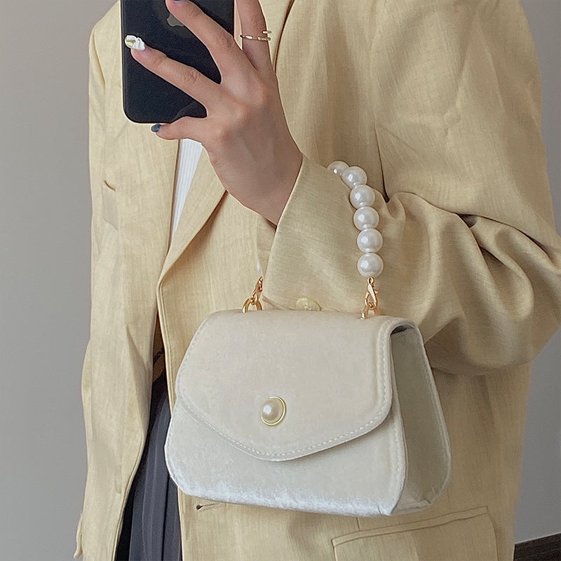 French Retro Pearl Portable Small Square Bag Female Autumn And Winter New Suede Chain Dinner Bag Messenger Shoulder Bag