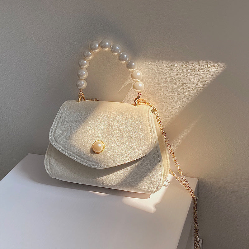 French Retro Pearl Portable Small Square Bag Female Autumn And Winter New Suede Chain Dinner Bag Messenger Shoulder Bag