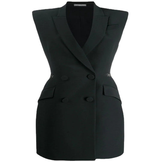 Vest Dress Summer New Commute Double Breasted Slim Dresses For Women Back Splicing Lace Perspective Sexy Black Mini Dress