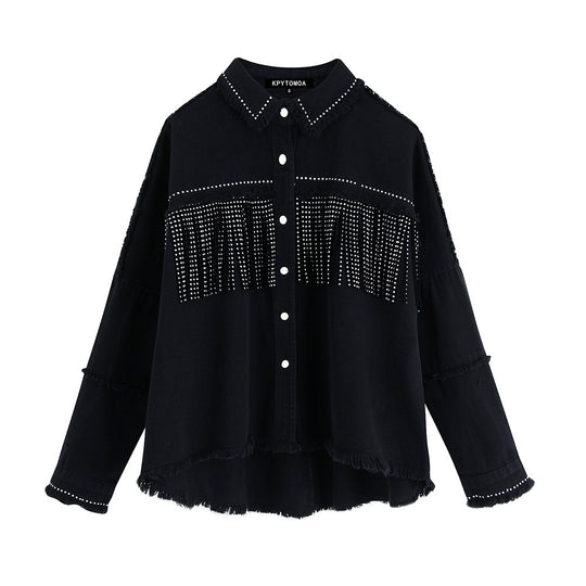Vintage Stylish Fringe Beaded Loose Denim Jacket Coat Women