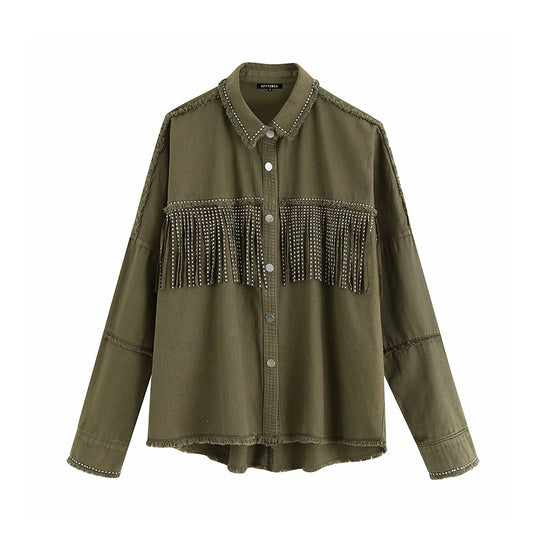 Vintage Stylish Fringe Beaded Loose Denim Jacket Coat Women