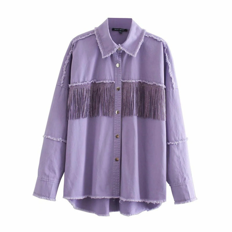 Vintage Stylish Fringe Beaded Loose Denim Jacket Coat Women