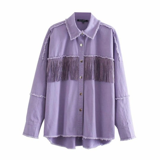 Vintage Stylish Fringe Beaded Loose Denim Jacket Coat Women