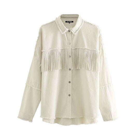 Vintage Stylish Fringe Beaded Loose Denim Jacket Coat Women