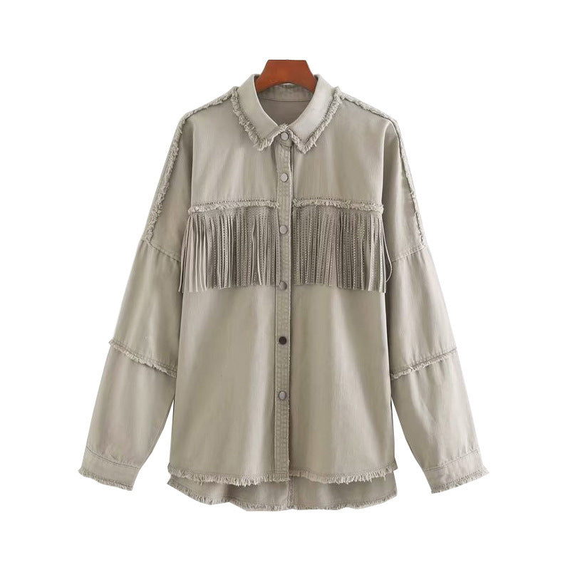 Vintage Stylish Fringe Beaded Loose Denim Jacket Coat Women