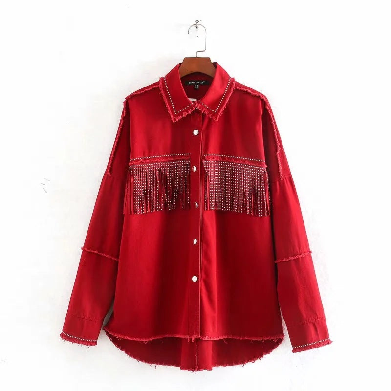 Vintage Stylish Fringe Beaded Loose Denim Jacket Coat Women