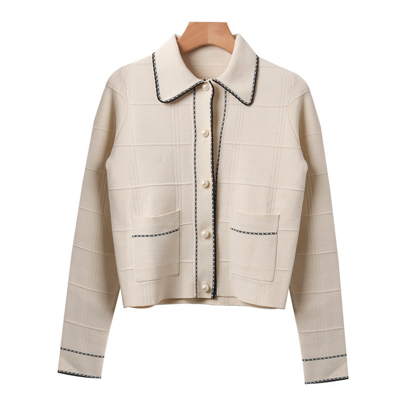 Exquisite Pearl Button Check Lace Knitted Cardigan Jacket Women
