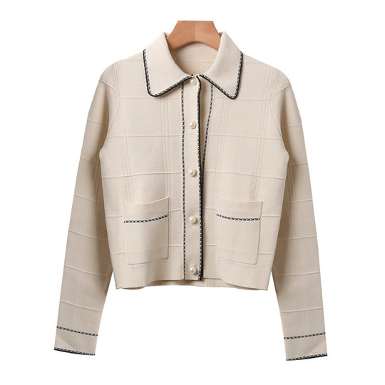Exquisite Pearl Button Check Lace Knitted Cardigan Jacket Women