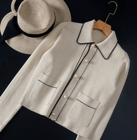 Exquisite Pearl Button Check Lace Knitted Cardigan Jacket Women